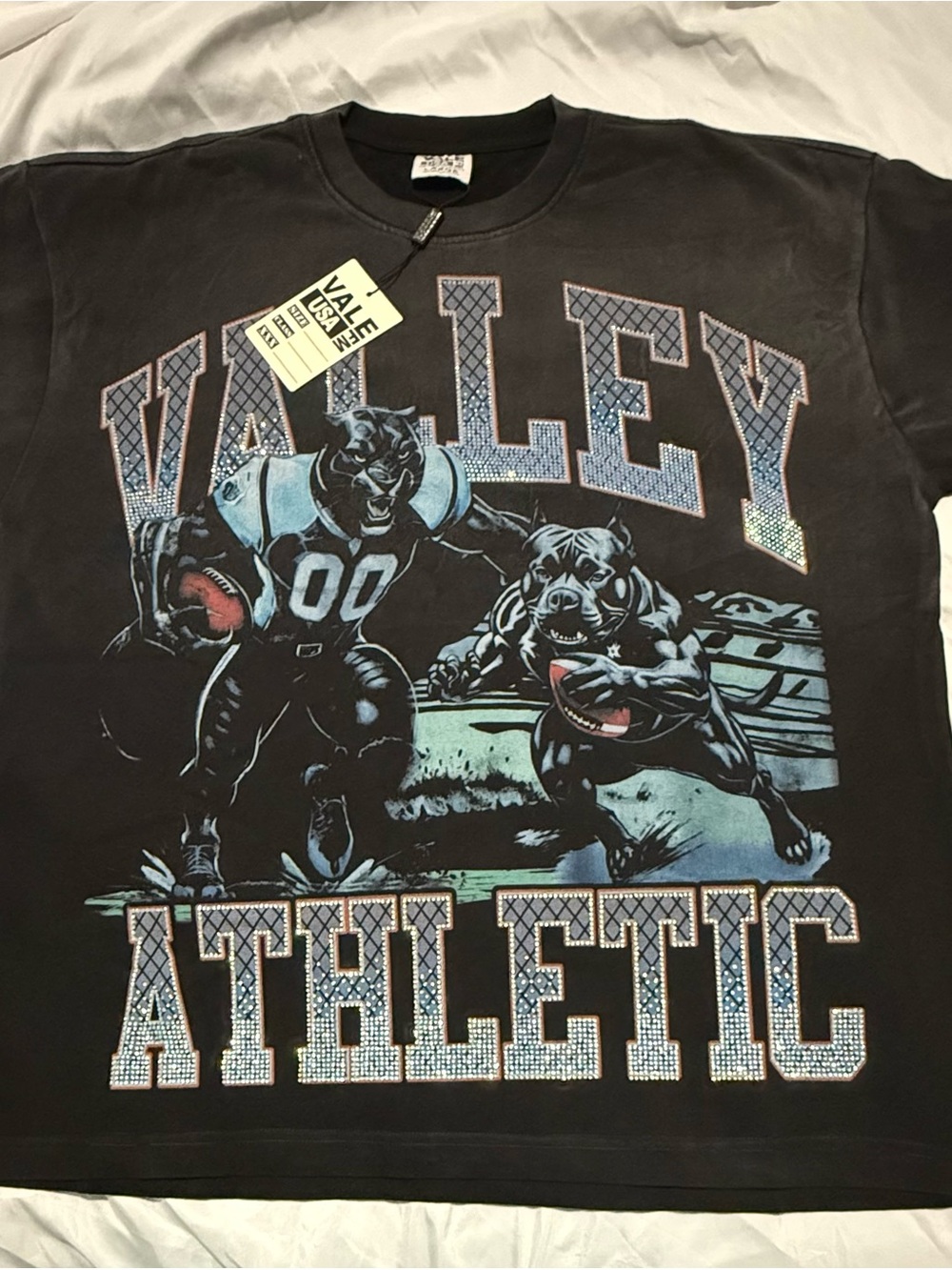 Valley Athletic Graphic T-Shirt Black Rhinestone Oversized Streetwear Tee Size L